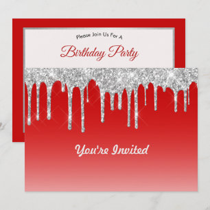 Invitación Purpurina de Plata Roja Moderna Drithday