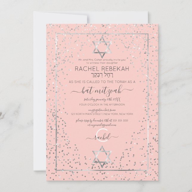 Invitación Purpurina de plata rosa Confetti Bat Mitzvah (Anverso)