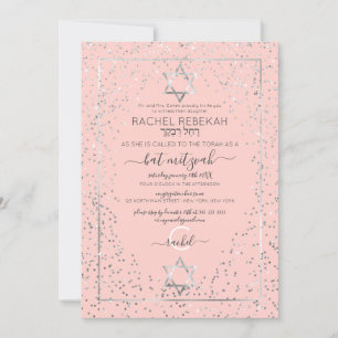 Invitación Purpurina de plata rosa Confetti Bat Mitzvah