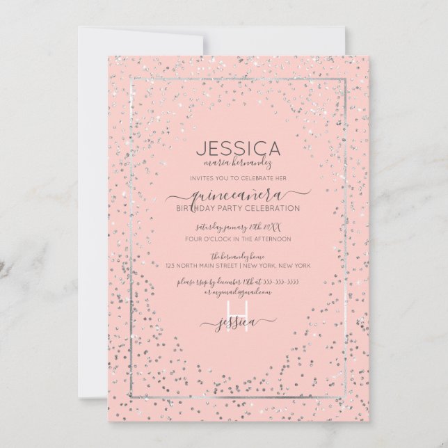 Invitación Purpurina de plata rosa Confetti Border Quinceañer (Anverso)