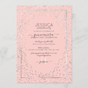 Invitación Purpurina de plata rosa Confetti Border Quinceañer
