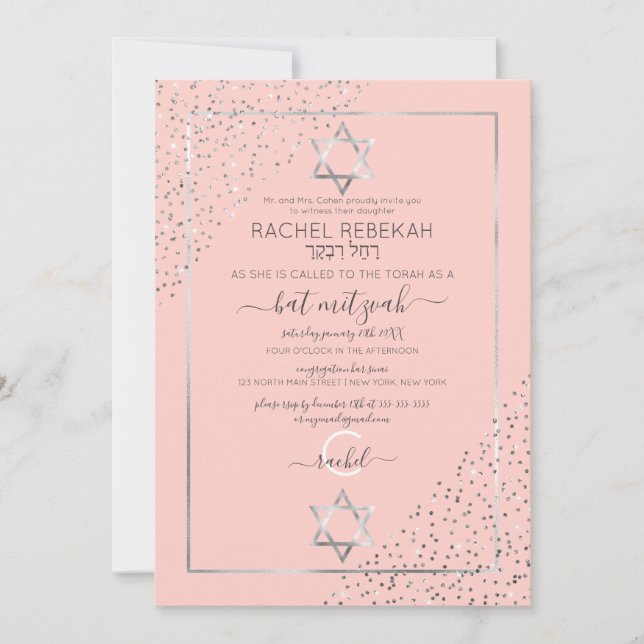 Invitación Purpurina de plata rosa Confetti Corners Bat Mitzv (Anverso)