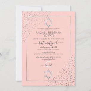 Invitación Purpurina de plata rosa Confetti Corners Bat Mitzv