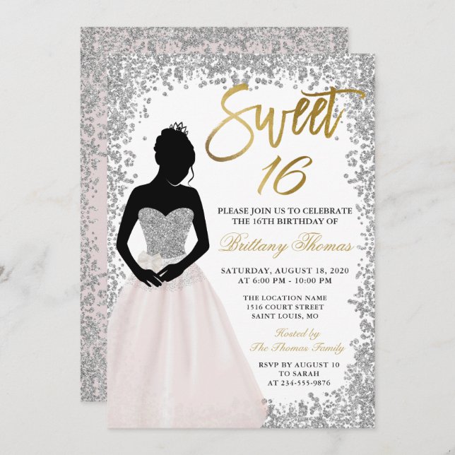 Invitación Purpurina de Plata Rosa Dulce Dieciséis Cumpleaños (Anverso / Reverso)