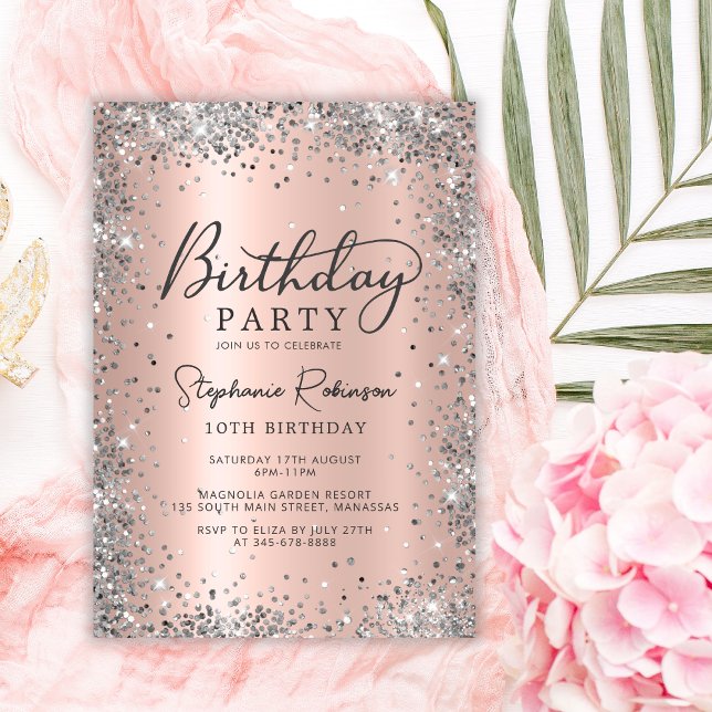 Invitación Purpurina de Plata Rosa Gold Metallic 10 cumpleaño (Subido por el creador)