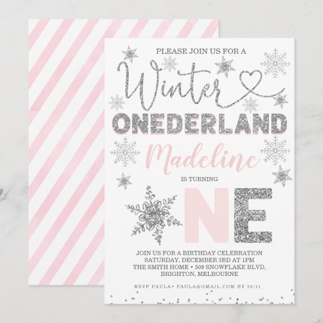 Invitación Purpurina de Plata Rosa Invierno Onederland Cumple (Anverso / Reverso)