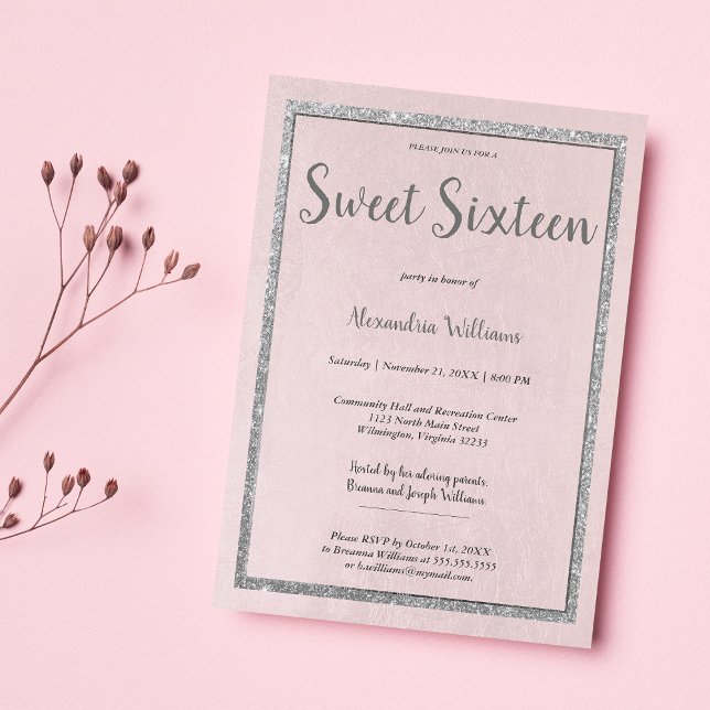 Invitación purpurina de plata rosa rosa rosa rosa Rubor Sweet (Blush pink rose gold silver glitter Sweet Sixteen)