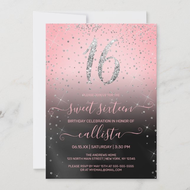 Invitación Purpurina de plata rosada Princesa Confetti Sweet  (Anverso)