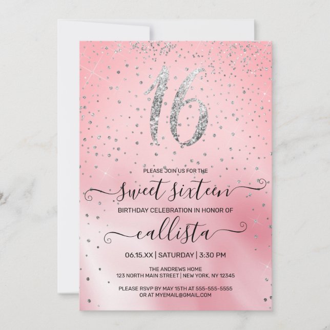 Invitación Purpurina de plata rosada Princesa Confetti Sweet  (Anverso)