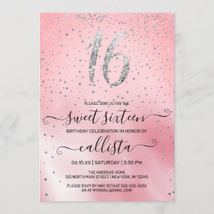 Invitación Purpurina de plata rosada Princesa Confetti Sweet 