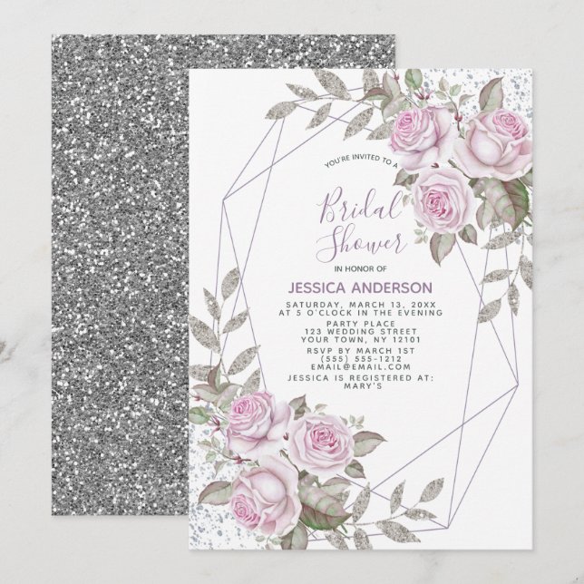 Invitación Purpurina de plata rosada púrpura ducha de novia g (Anverso / Reverso)
