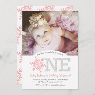 Invitación Purpurina de plata rosada Snowflake Primer cumplea