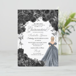 Invitación Purpurina de plata Rosas negros español Quinceañer