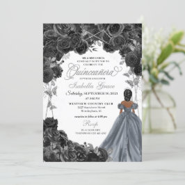 Invitación Purpurina de plata Rosas negros español Quinceañer