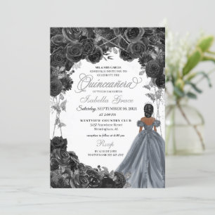 Invitación Purpurina de plata Rosas negros español Quinceañer