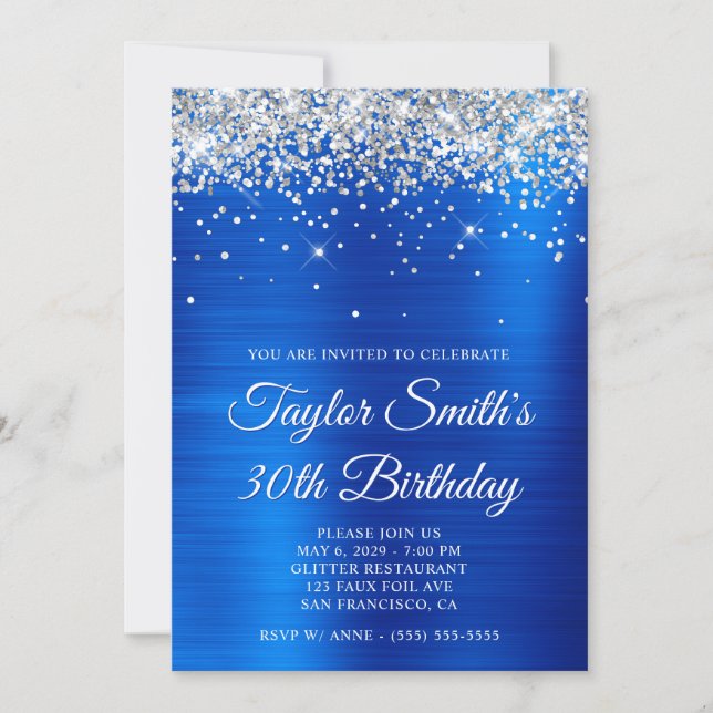 Invitación Purpurina de Plata Royal Blue 30 cumpleaños (Anverso)