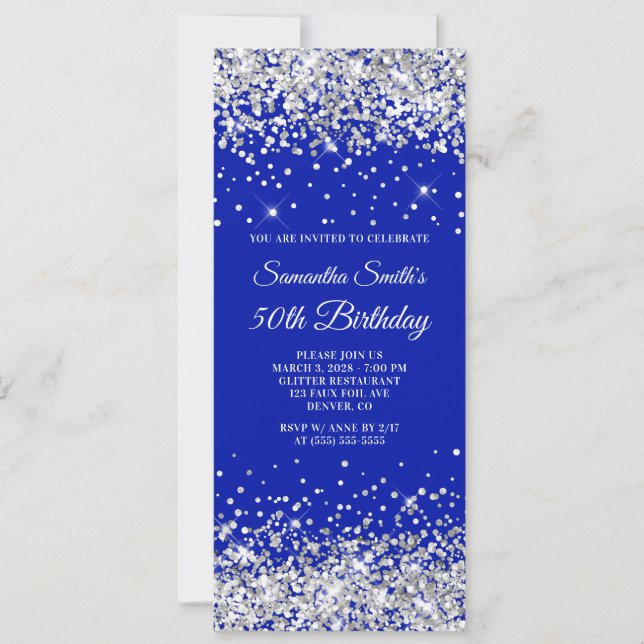 Invitación Purpurina de Plata Royal Blue 50 cumpleaños (Anverso)