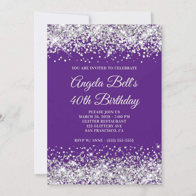 Invitación Purpurina de Plata Royal Purple 40 cumpleaños (Anverso)