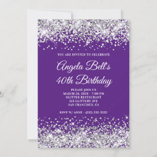 Invitación Purpurina de Plata Royal Purple 40 cumpleaños