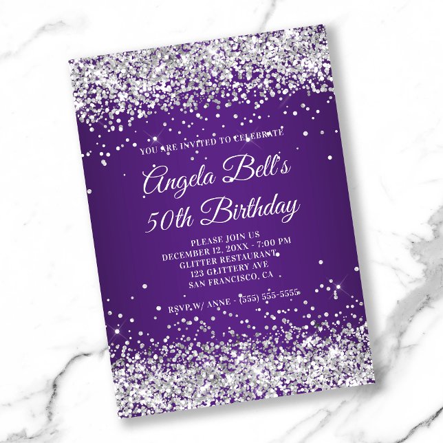Invitación Purpurina de Plata Royal Purple Ombre 50 cumpleaño (Subido por el creador)