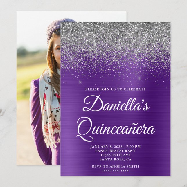 Invitación Purpurina de plata Royal Purple Photo Quinceañera (Anverso / Reverso)