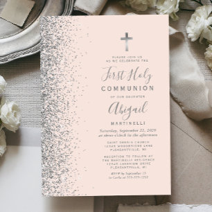 Invitación Purpurina de Plata Rubor Primer Comunión Santa Ros