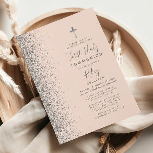 Invitación Purpurina de Plata Rubor Primer Comunión Santa Ros
