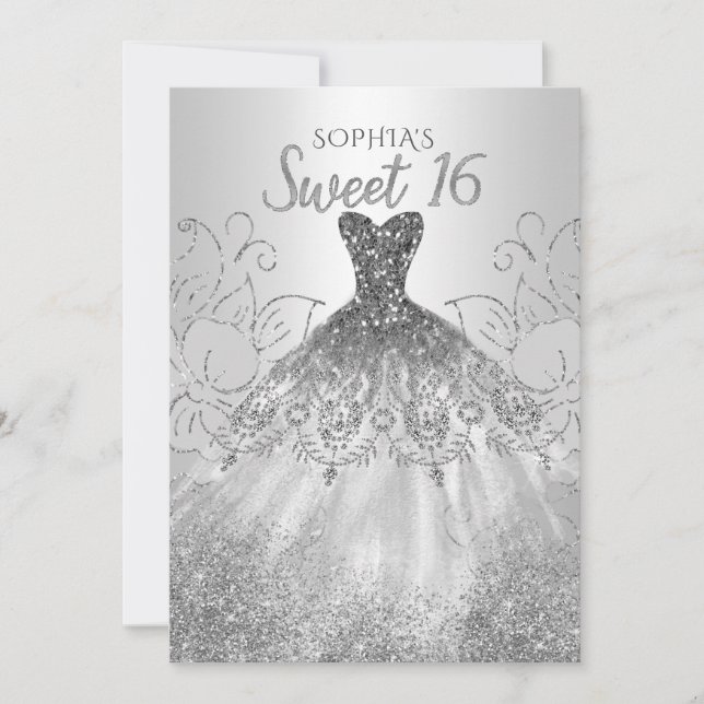 Invitación Purpurina de plata Sparkle Vestido dulce de 16 año (Anverso)