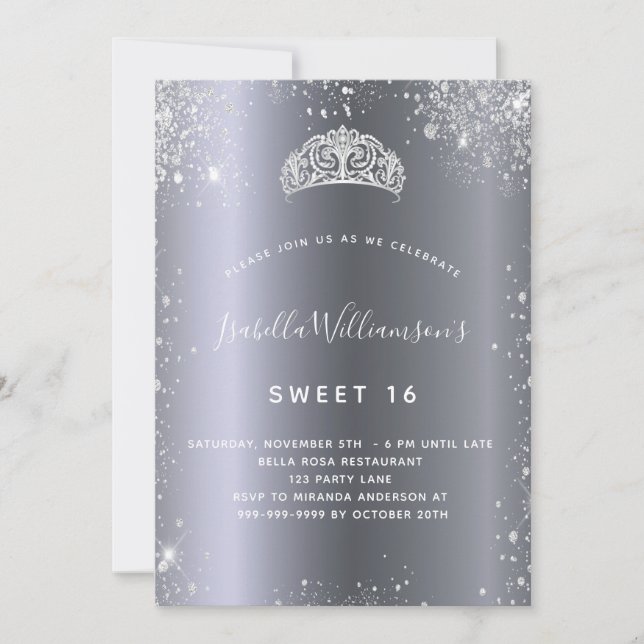 Invitación Purpurina de plata tiara corona Dulce 16 (Anverso)