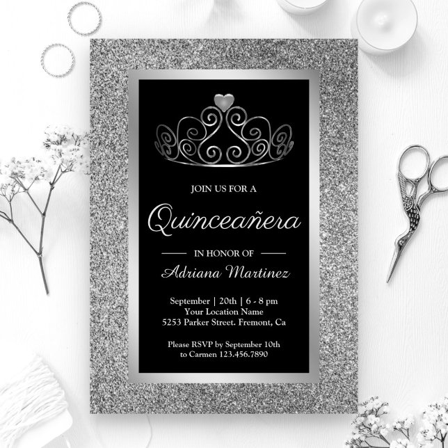 Invitación Purpurina de Plata Tiara Princesa Negra Quinceaner (Subido por el creador)
