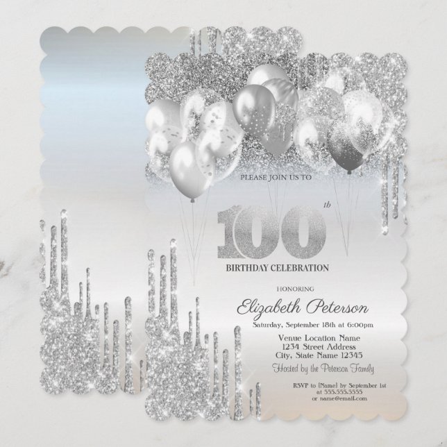 Invitación Purpurina de plata tira globos 100 cumpleaños (Anverso / Reverso)