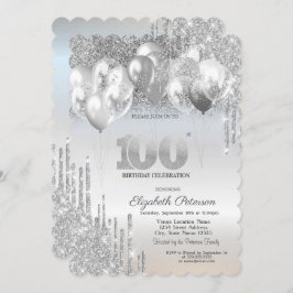 Invitación Purpurina de plata tira globos 100 cumpleaños