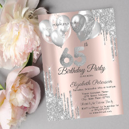 Invitación Purpurina de plata tira globos 65 cumpleaños