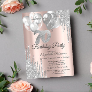 Invitación Purpurina de plata tira globos 70 cumpleaños