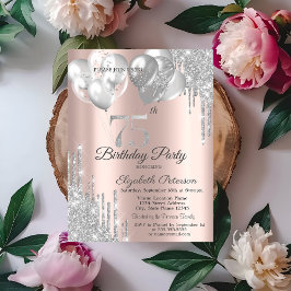 Invitación Purpurina de plata tira globos 75º cumpleaños
