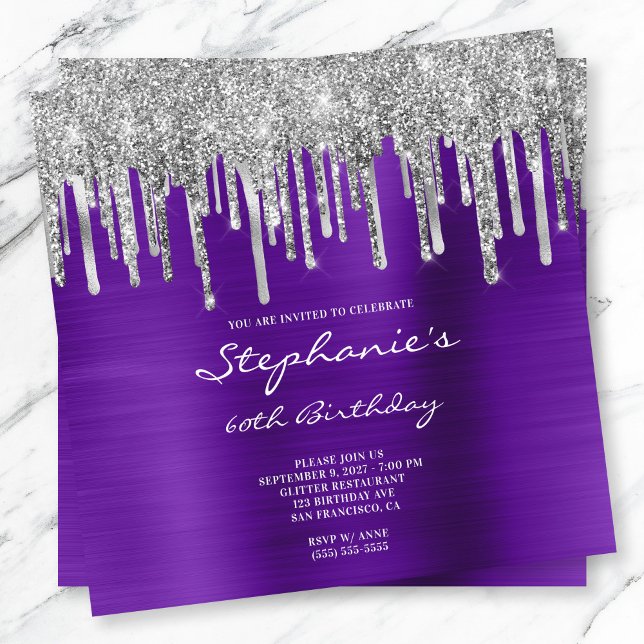 Invitación Purpurina de plata tira Relieve metalizado violeta (Purple and silver dripping glitter birthday invite.)
