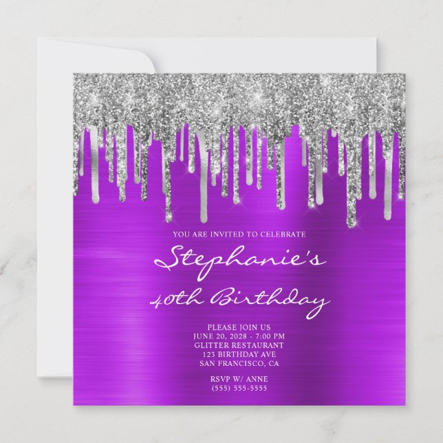 Invitación Purpurina de plata tira Relieve metalizado violeta (Anverso)