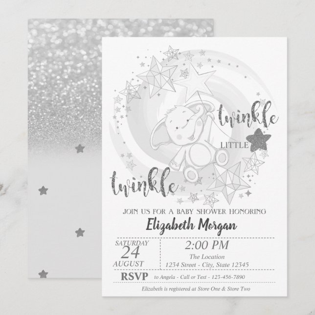 Invitación Purpurina de plata Twinkle Star, Baby Shower Bear (Anverso / Reverso)