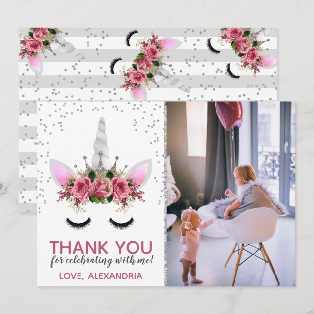 Invitación Purpurina de Plata, Unicorn Princess, Gracias (Anverso / Reverso)