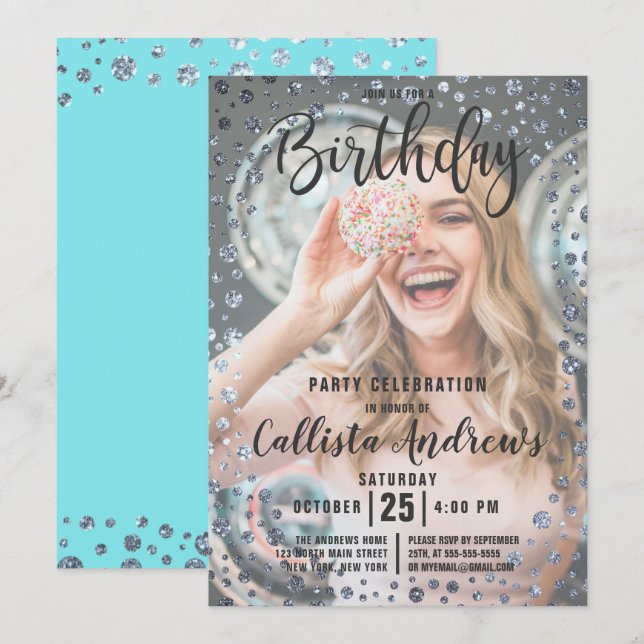 Invitación Purpurina de Plata Verde azulada Aqua Confetti Fot (Anverso / Reverso)