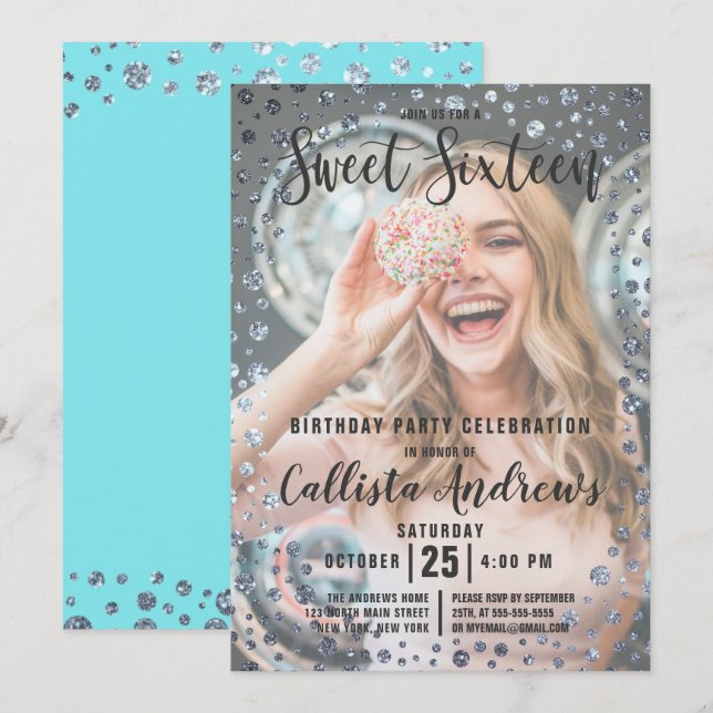 Invitación Purpurina de plata Verde azulada Aqua Confetti Pho (Anverso / Reverso)