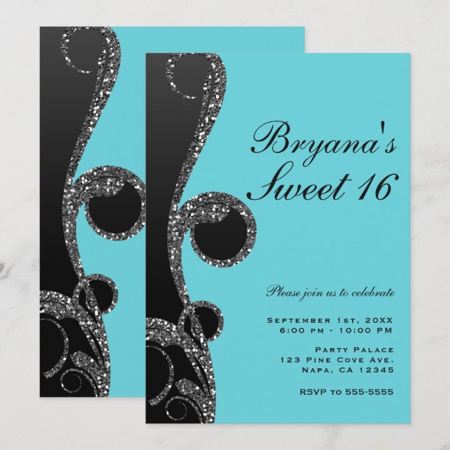 Invitación Purpurina de plata verde azulada y negra Swirl Swe (Anverso / Reverso)