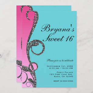 Invitación Purpurina de plata verde azulada y rosa Swirl Swee