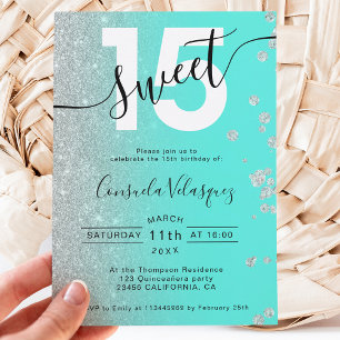 Invitación Purpurina de plata verde azulado Quinceanera foto 