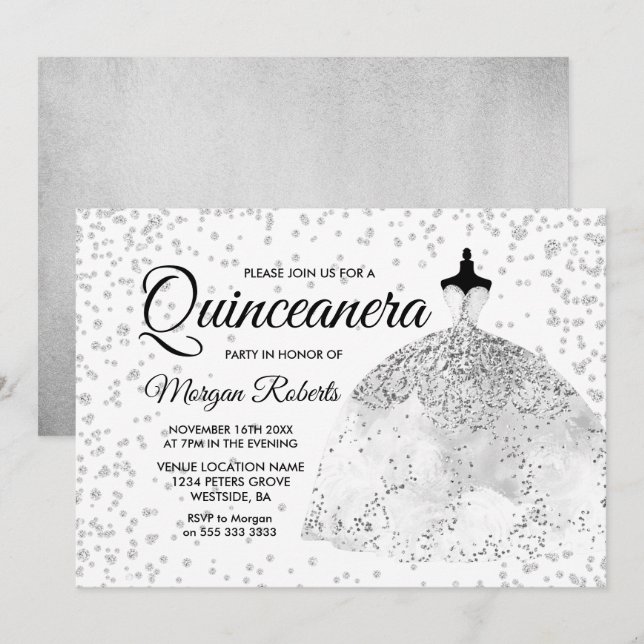 Invitación Purpurina de plata Vestido de Confetti Quinceanera (Anverso / Reverso)