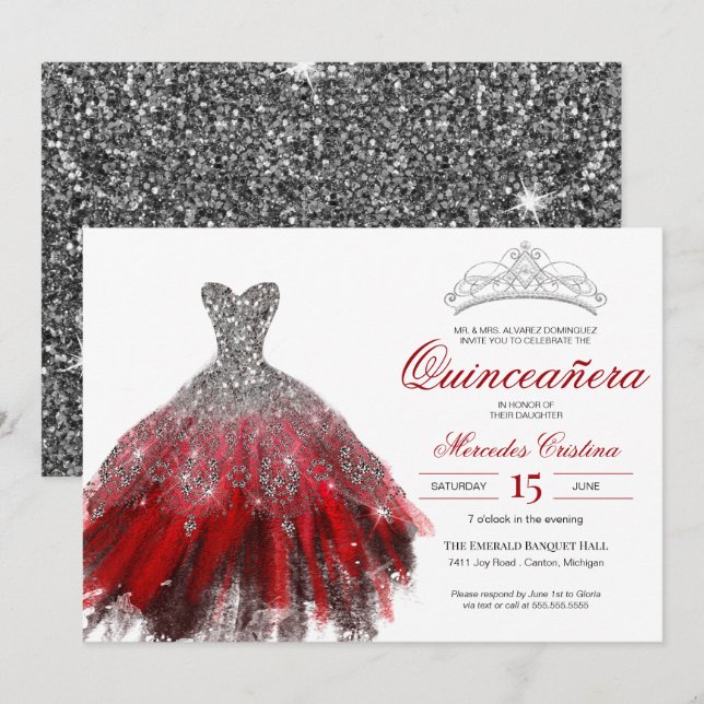 Invitación Purpurina de plata vestido rojo elegante Quinceañe (Anverso / Reverso)