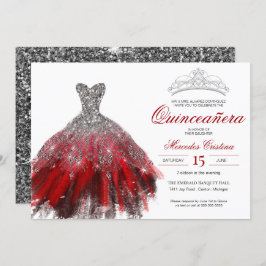 Invitación Purpurina de plata vestido rojo elegante Quinceañe