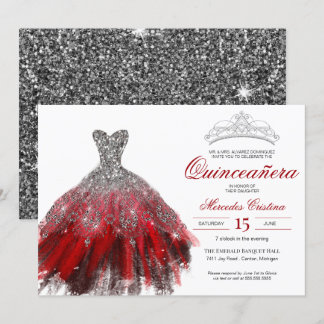 Invitación Purpurina de plata vestido rojo elegante Quinceañe