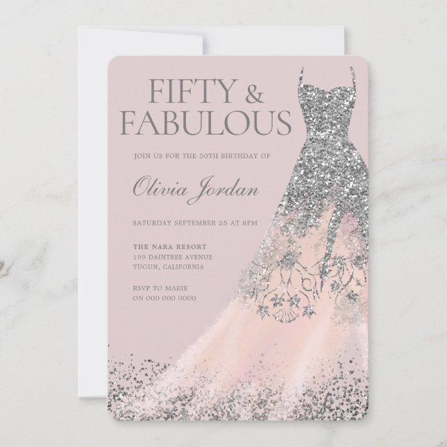 Invitación Purpurina de Plata vestido y fiesta de cumpleaños  (Anverso)