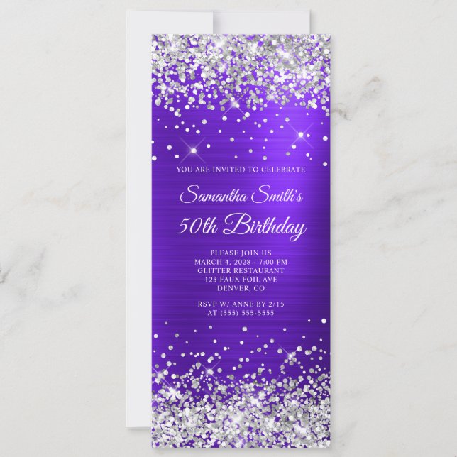 Invitación Purpurina de plata Violet Indigo 50 cumpleaños (Anverso)